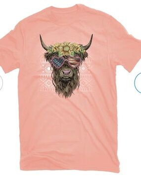 New Heart Sunglasses Highland Cow Tee - Coral Pink size Medium